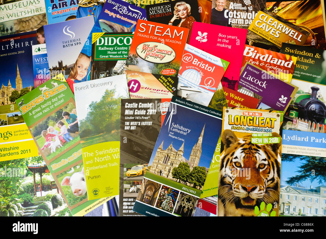 Tourist information leaflets from the South West of England, Wiltshire, Hampshire and Bristol area Stock Photo