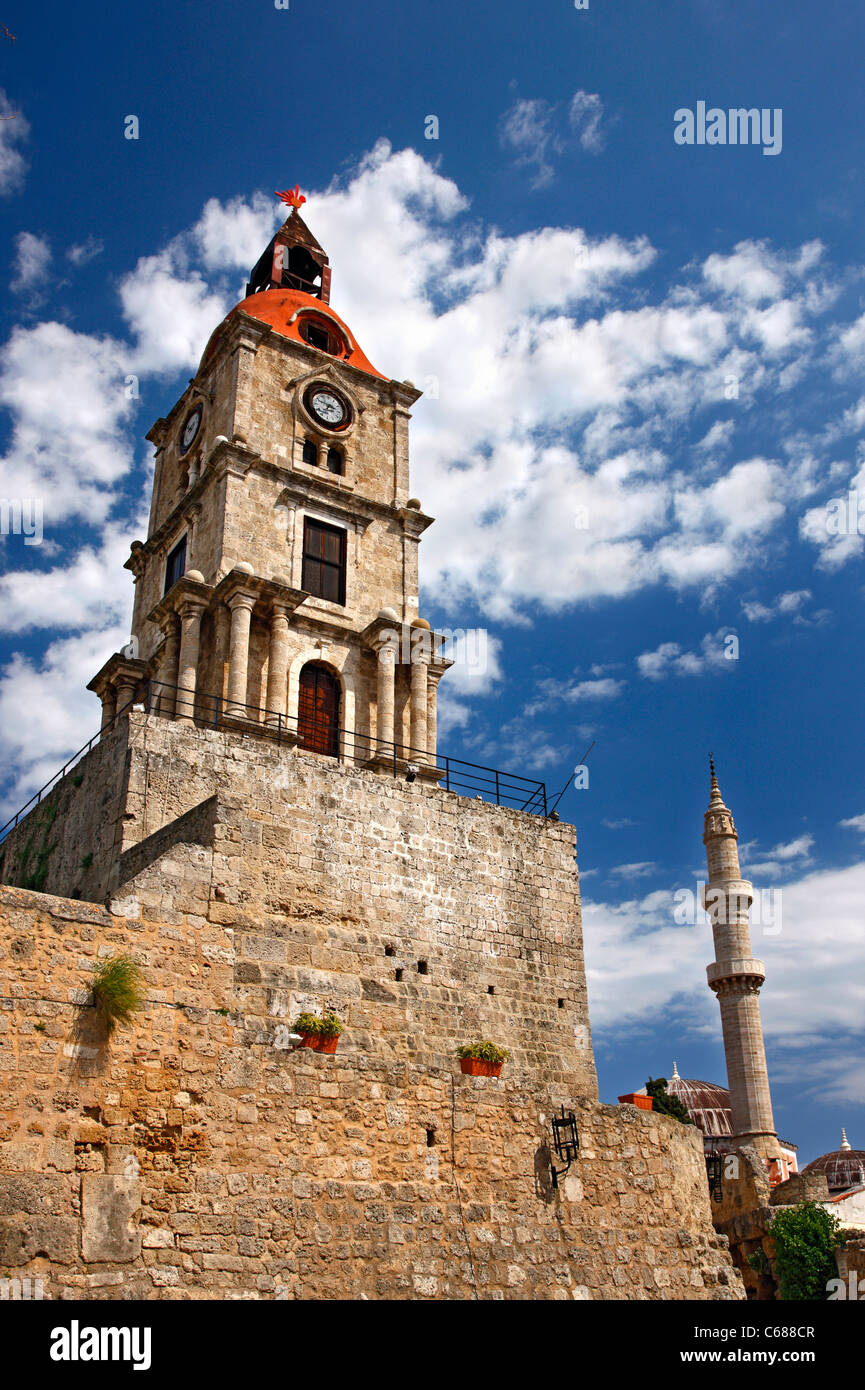 The clock tower in the old, medieval part of Rhodes town, Rhodes island