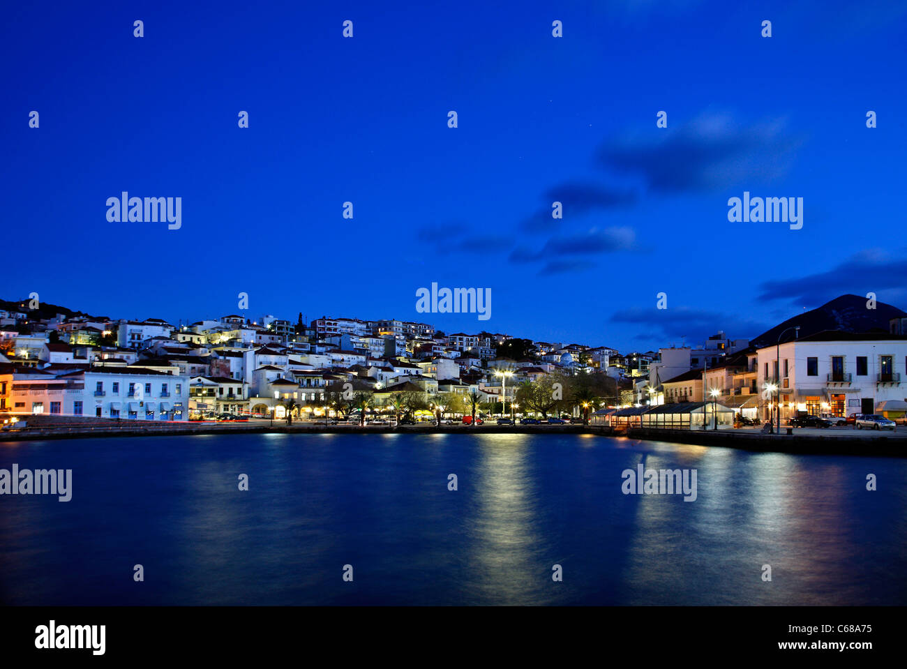 Night view of Pylos town (also known as 'Navarino'), Messinia prefecture, Peloponnese, Greece Stock Photo