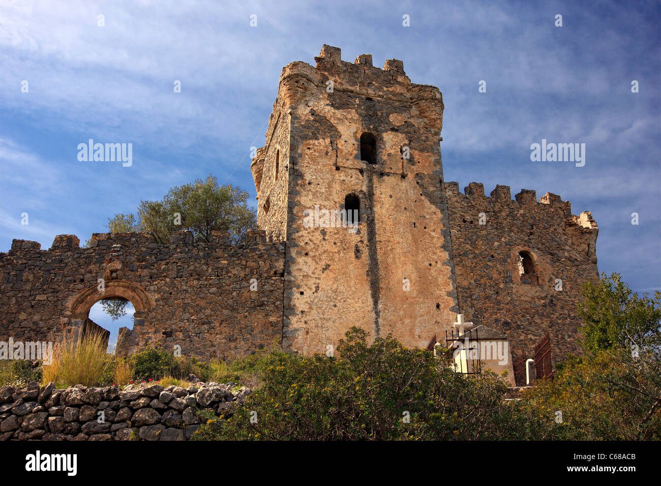 The 'private' castle of Kapetanakis family, close to Charavgi village, Western ('Messinian') Mani, Messinia, Peloponnese, Greece Stock Photo
