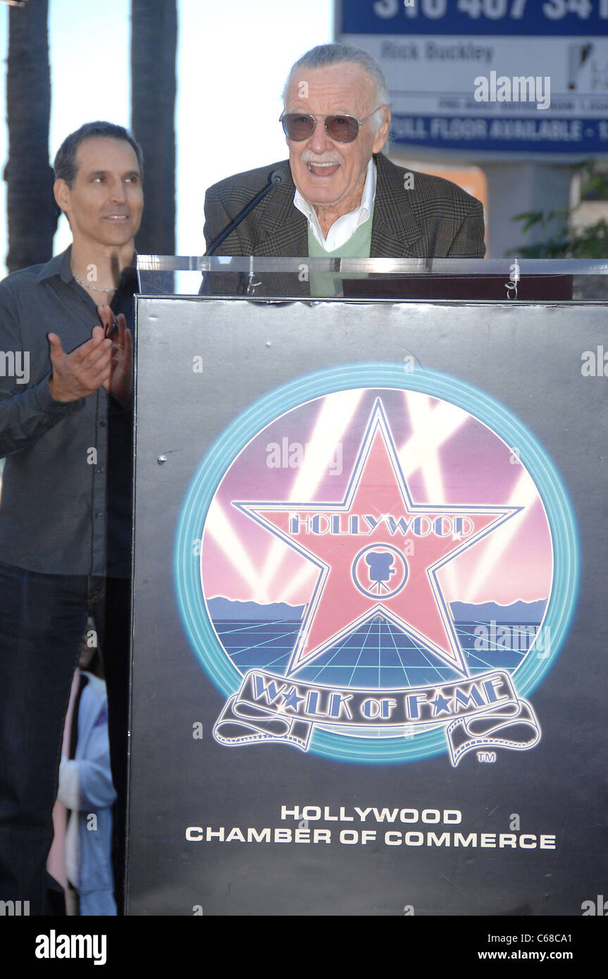 Todd McFarlane, Stan Lee at the induction ceremony for Star on the Hollywood Walk of Fame Ceremony for Stan Lee, Hollywood Boulevard, Los Angeles, CA January 4, 2011. Photo By: Michael Germana/Everett Collection Stock Photo