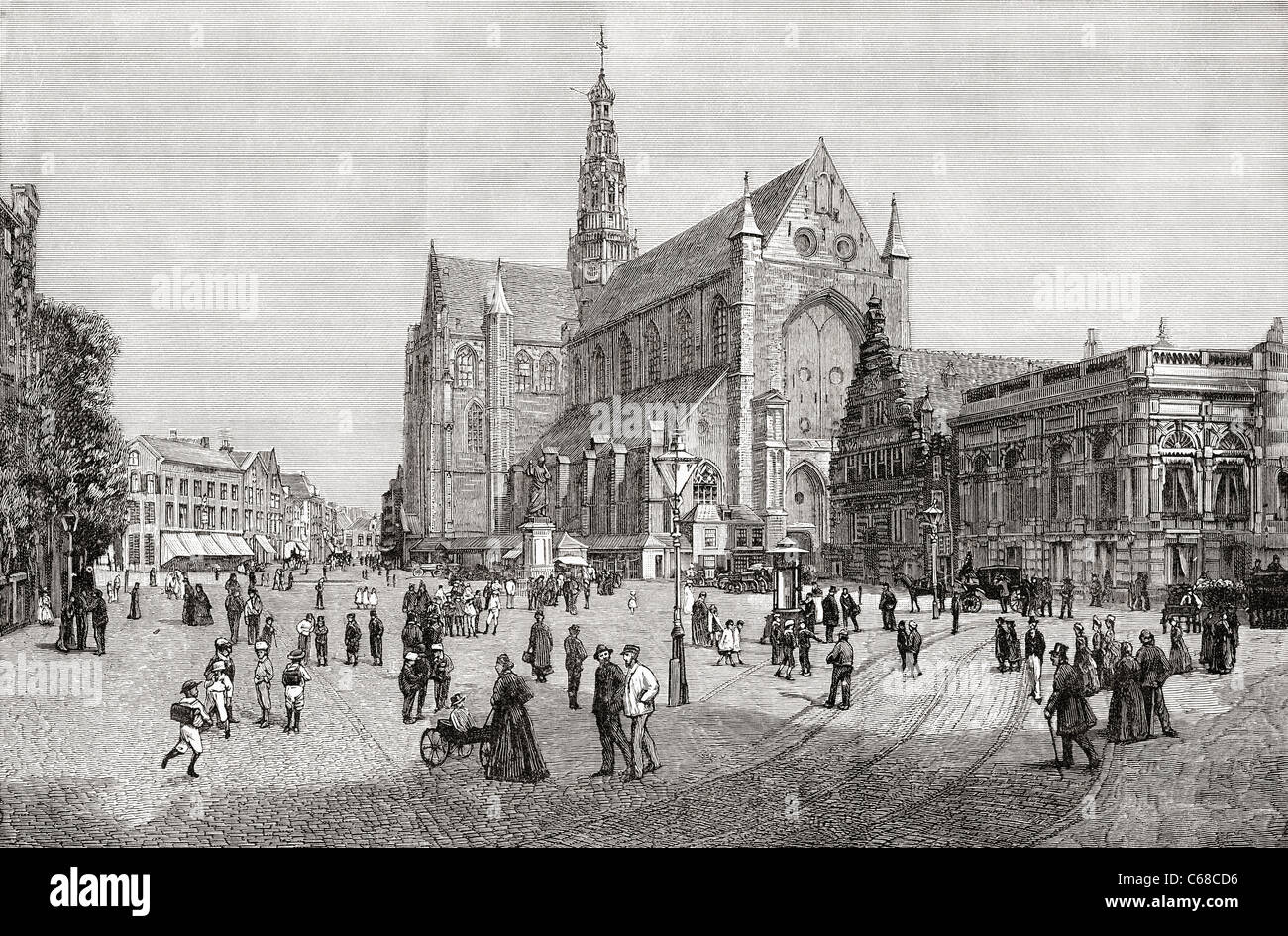 The Grote Kerk or St. Bavokerk in the Grote Markt, Haarlem, the Netherlands in the 19th century. Stock Photo