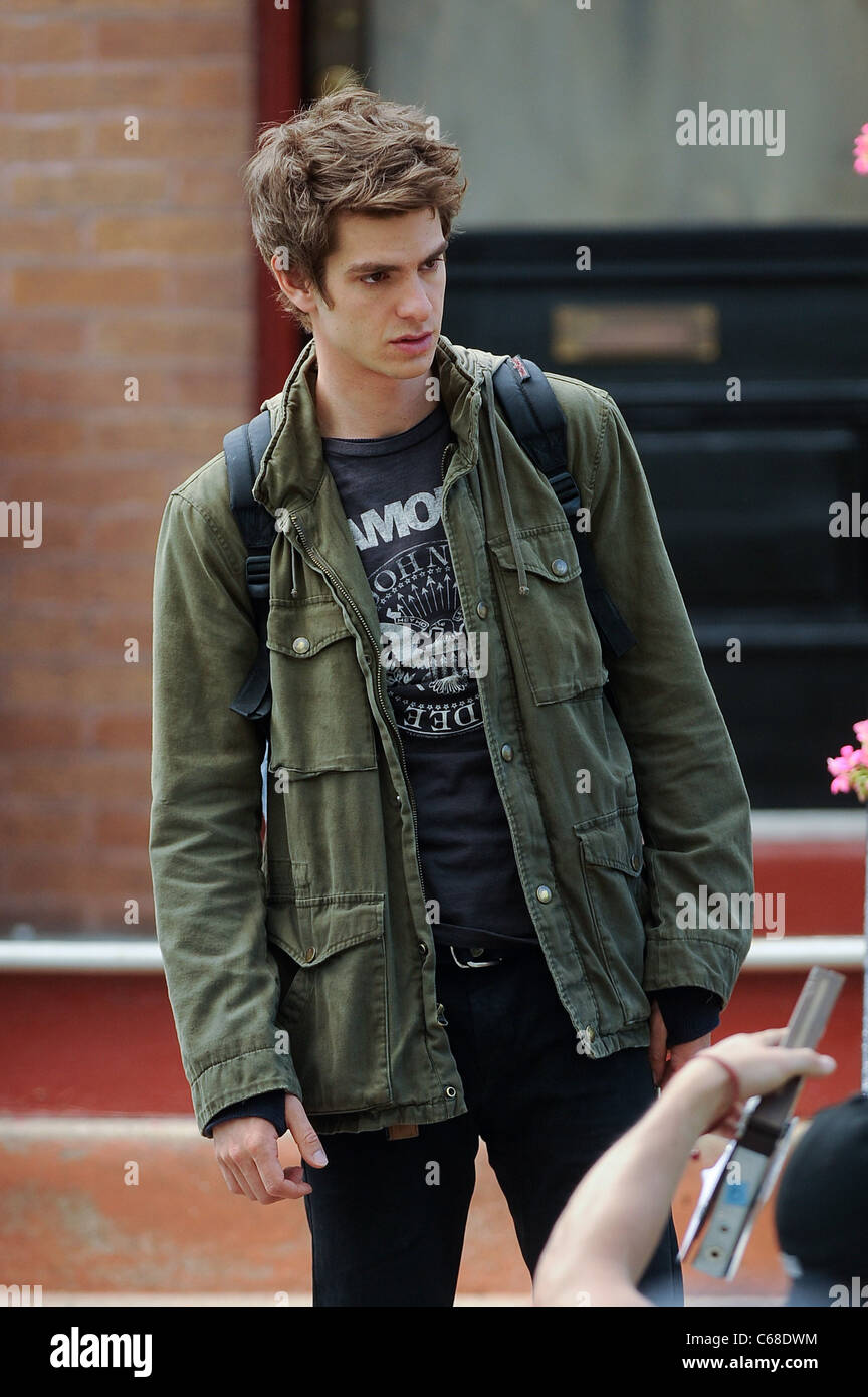 Andrew Garfield, films a scene at the AMAZING SPIDER-MAN movie set in Windsor Terrace out and about for CELEBRITY CANDIDS - SUN, , New York, NY May 8, 2011. Photo By: Ray Tamarra/Everett Collection Stock Photo