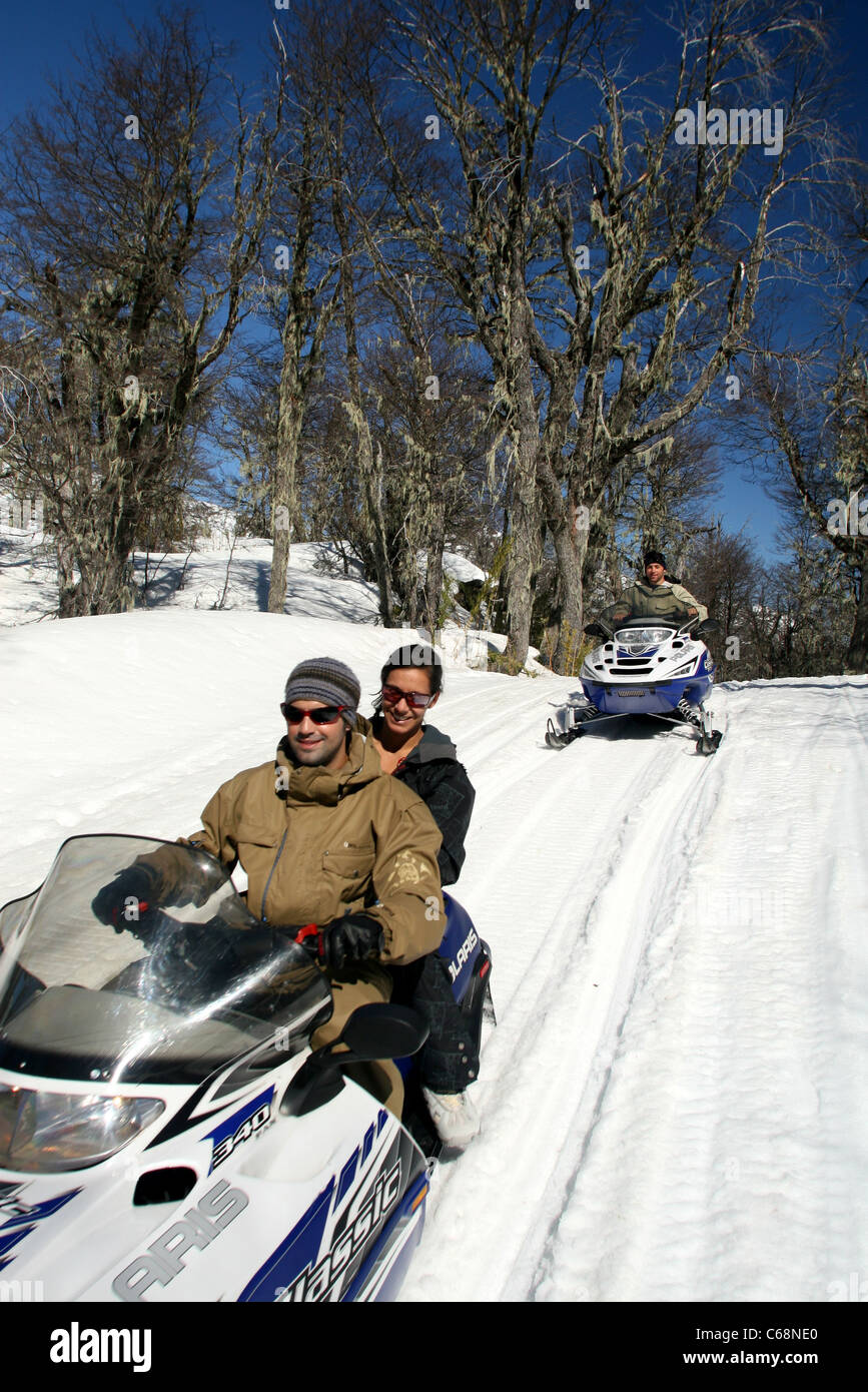 Having fun on the snowmobile circuit. Termas de Chillan, Chillan, Biobio, Chile, South America Stock Photo