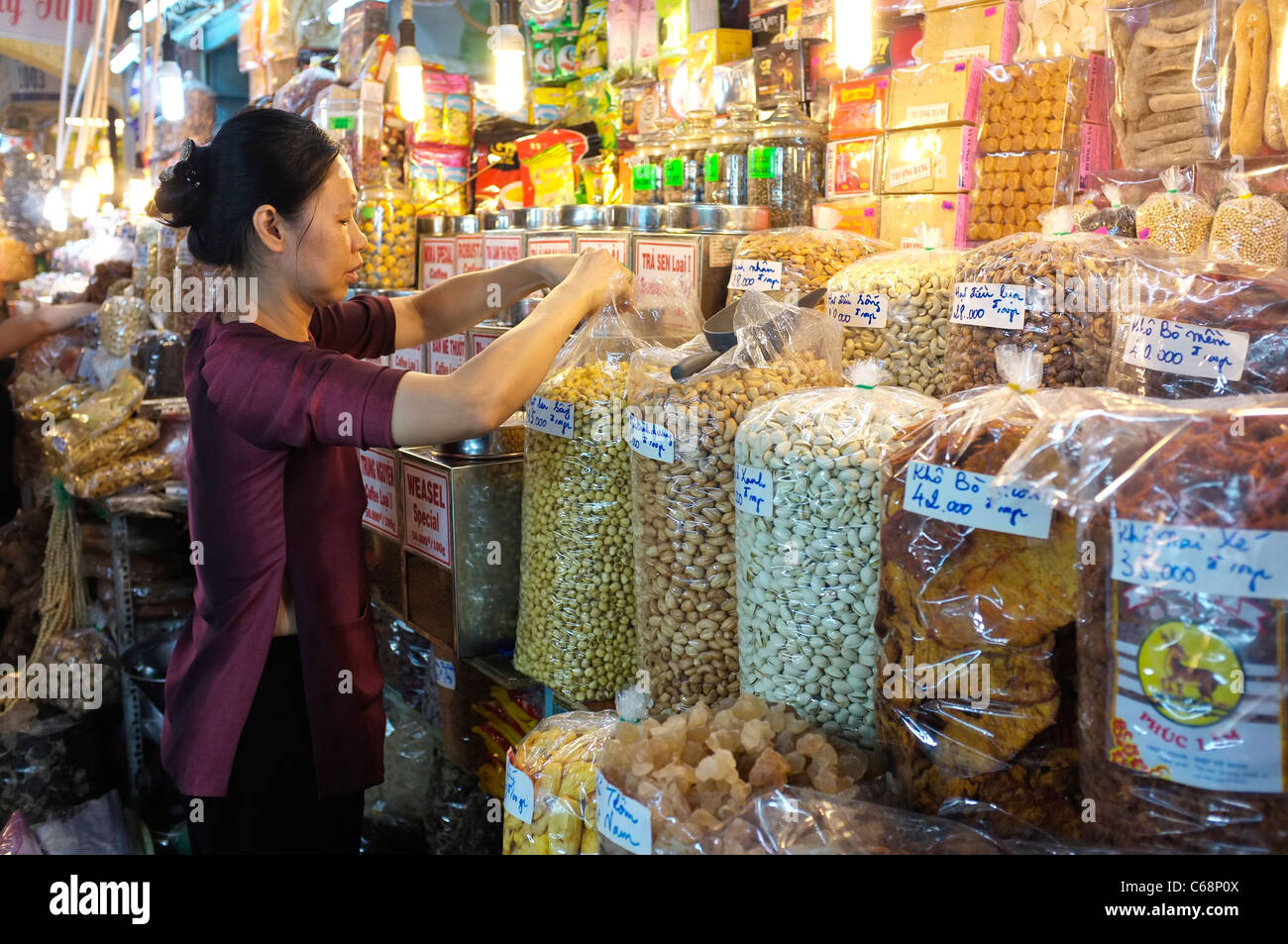 Stall for Dried Goods, Beans and Pulses, Ben Thanh Market Ho Chi Minh City, Saigon, Stock Photo