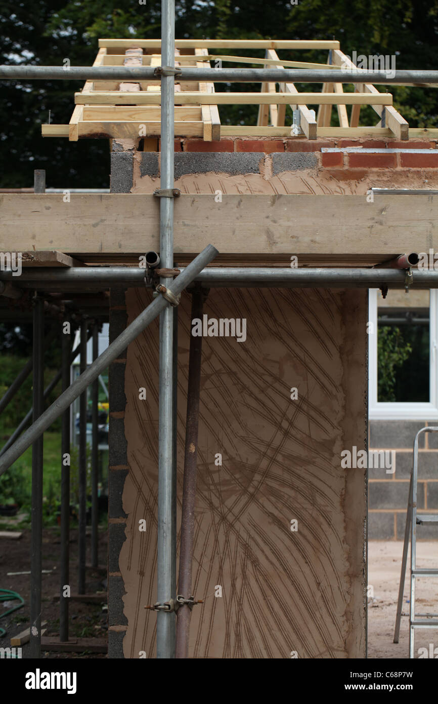 Scaffolding while roof is built Stock Photo