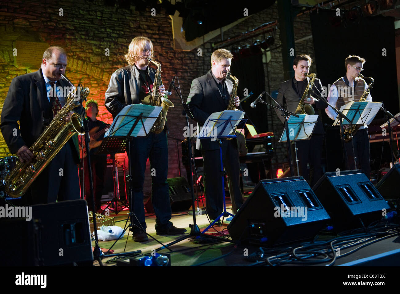 SAX APPEAL featuring five jazz saxophonists performing on stage at Brecon Jazz Festival 2011 Stock Photo