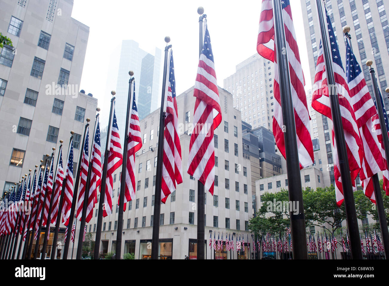American flags at Rockefeller Center in New York City Stock Photo