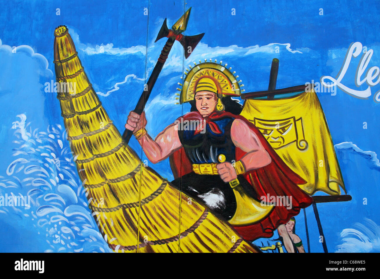 Outdoor mural showing an ancient Caballitos de Totora reed boat warrior, Peru. Stock Photo