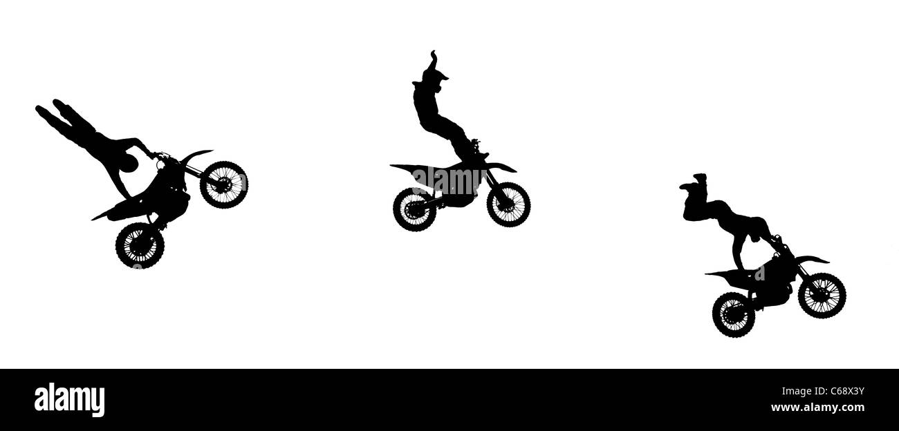 Silhouette of three members of a motorcycle stunt team all in the air at the same time (made from one photograph). Stock Photo