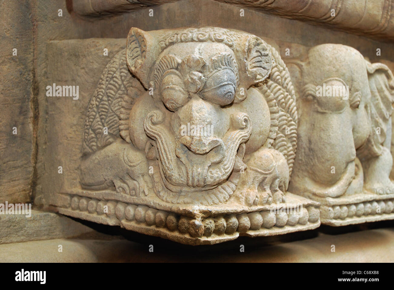 Parasurameswara temple : Close up of a sculpture of a lion and an elephant on the 7th century Shiva Temple Stock Photo