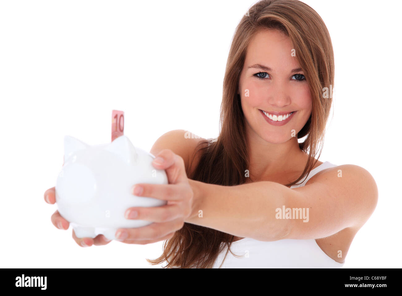 A person holding piggy bank. All on white background. Stock Photo