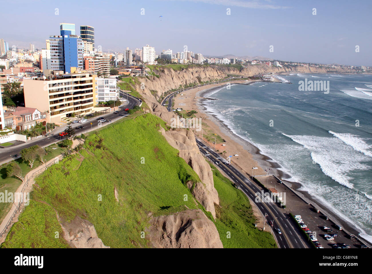 Aerial view of Miraflores and its coastal cliffs bordering the Pacific