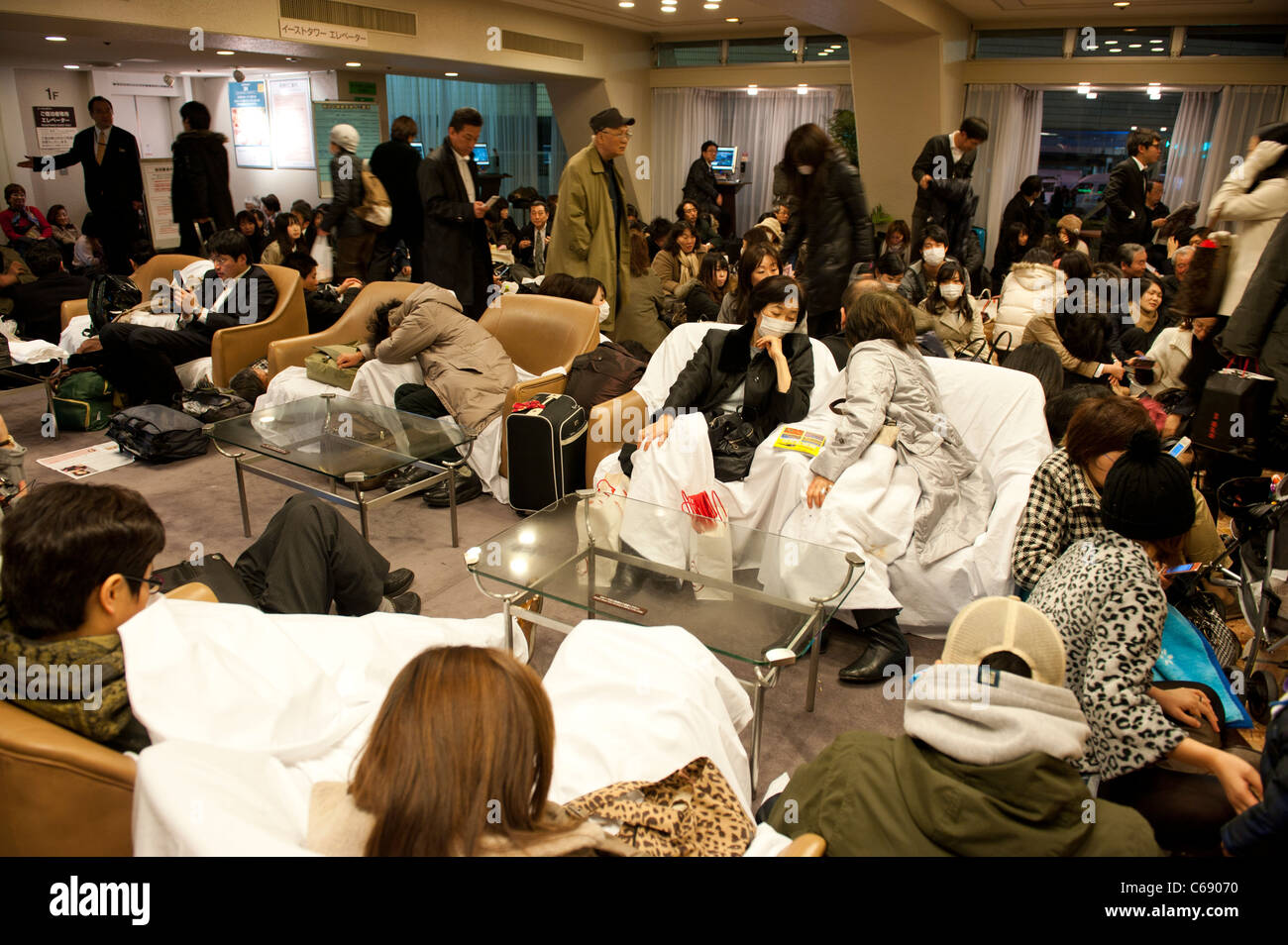 People stranded in the Prince Hotel, Shinagawa, Tokyo, 11 March 2011. following a huge earthquake in north-east Japan Stock Photo