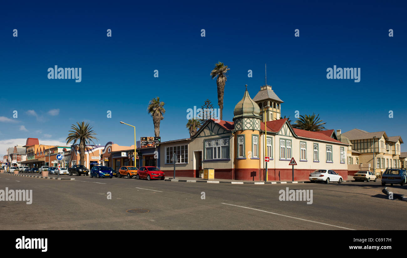 colorful historical building from German colonial period at main road, Swakopmund, Namibia, Africa Stock Photo