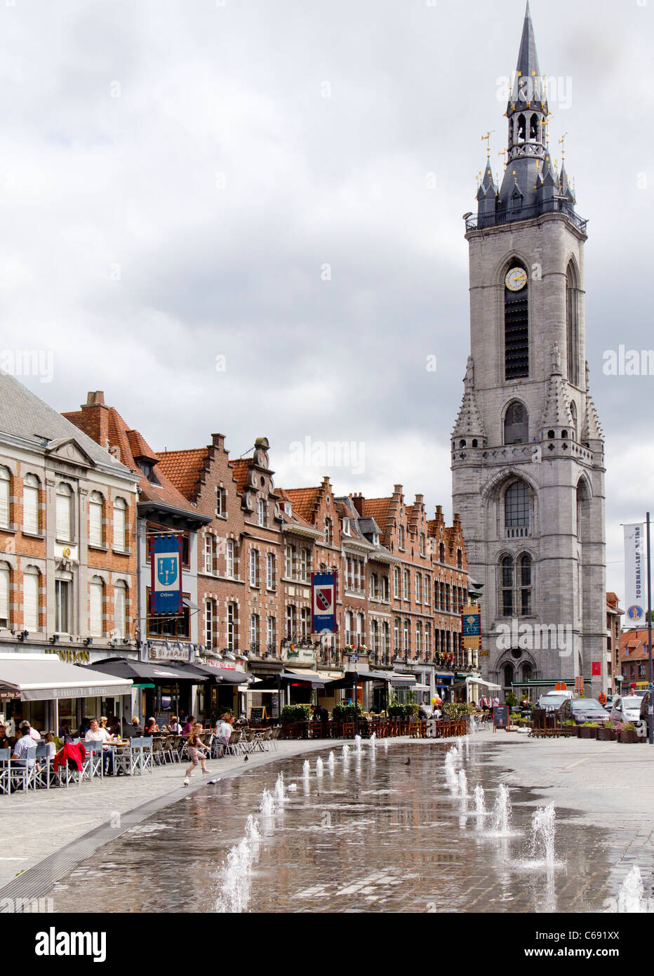The Grand Place (Market Place) and the Belfry tower, Tournai, Belgium Stock Photo