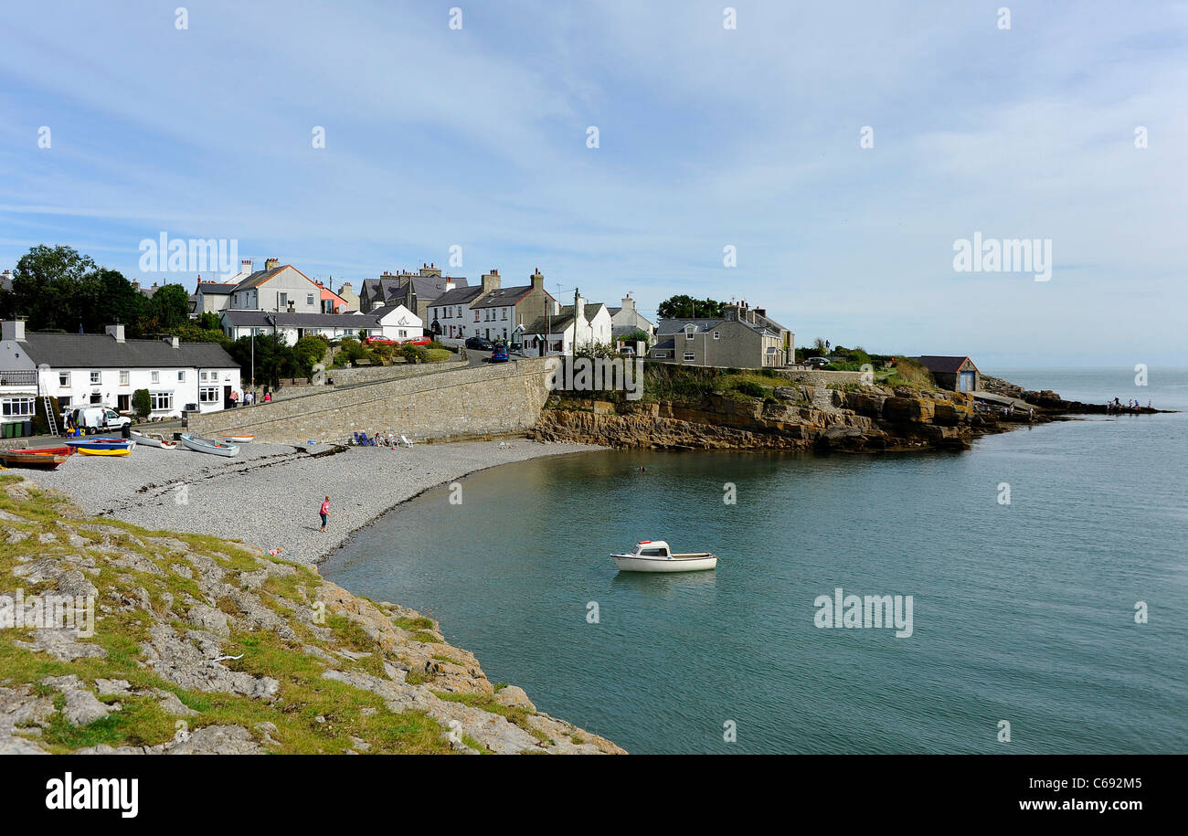 Historic houses and cottages overlooking the seafront at Moelfre on the