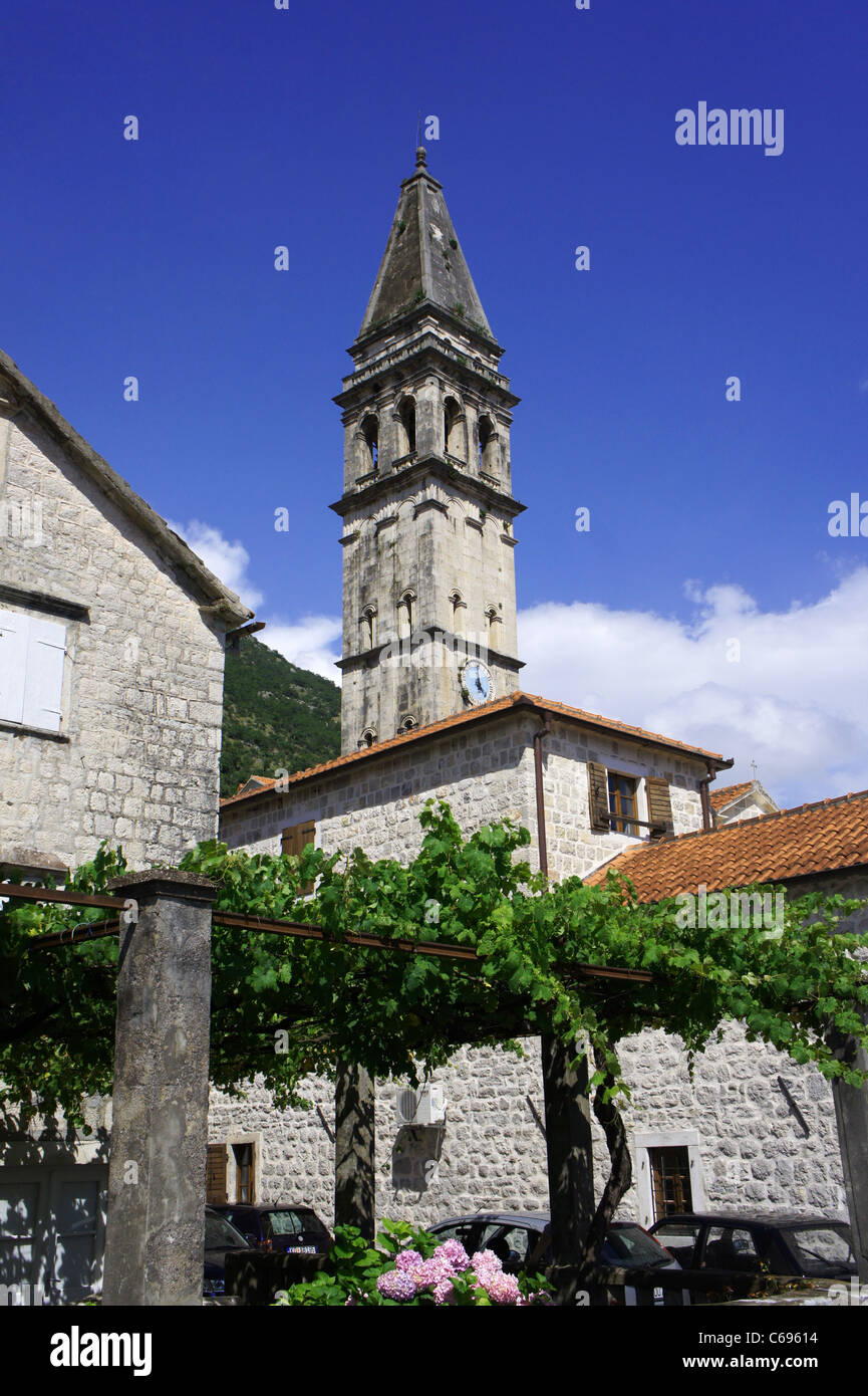 Venetian church bell tower, Perast, Kotor Bay, Montenegro Stock Photo