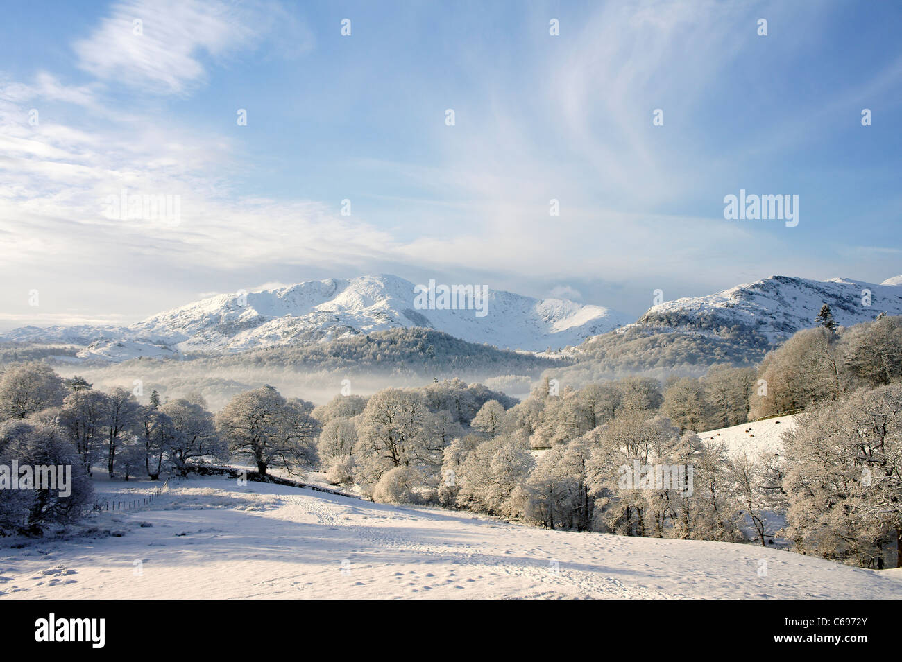 Lake District National Park, Cumbria, England, UK. Winter landscape. S.W. over Langdale to Wetherlam mountain from Loughrigg Stock Photo