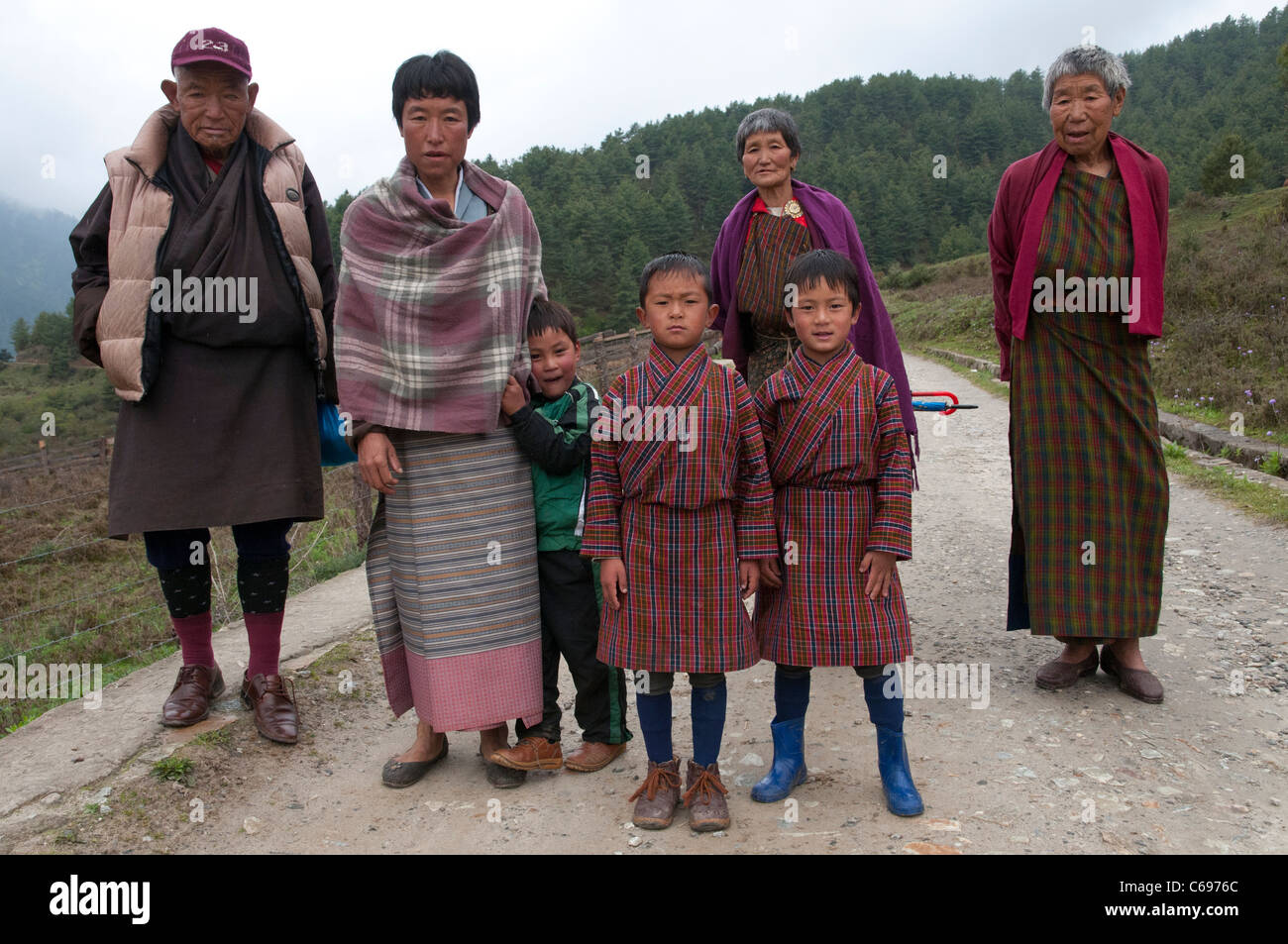farmers family group shot in Phobjikha valley. bhutan Stock Photo