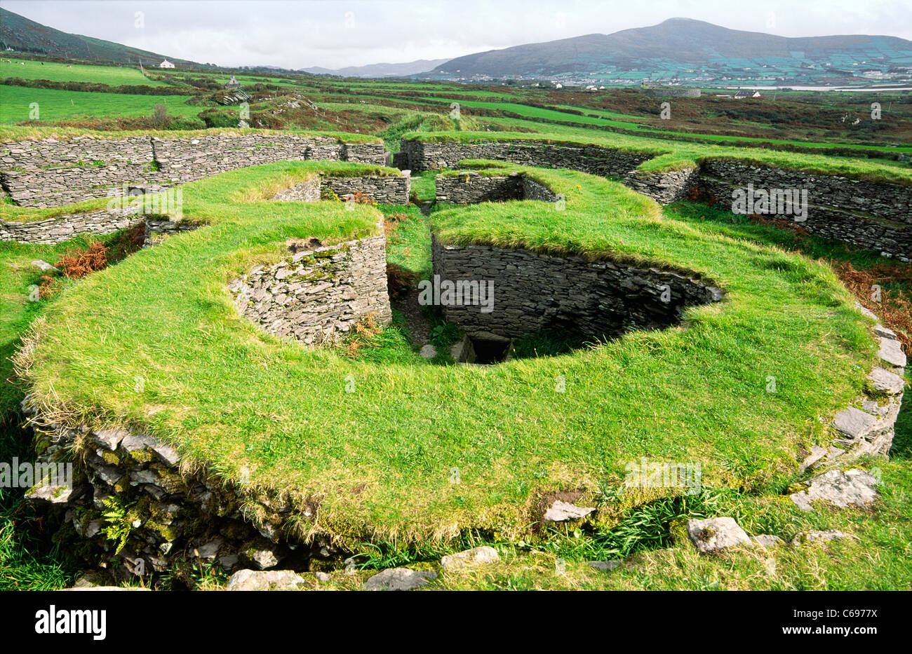 Leacanbuaile early Mediaeval stone fort fortified settlement near Cahirciveen, Co. Kerry, Ireland. Interior clochan houses Stock Photo