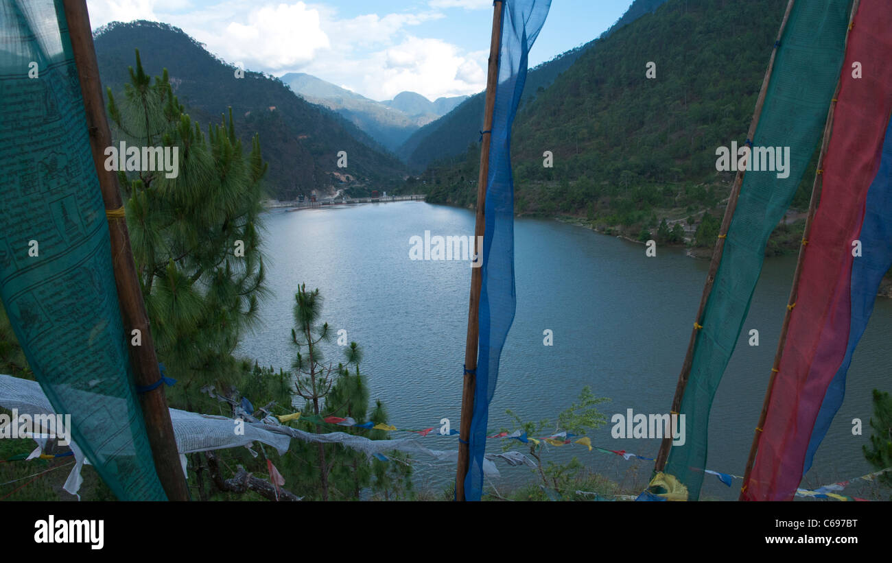 View from above of artificial lake with hydropower dam, bhumtang district. Bhutan Stock Photo