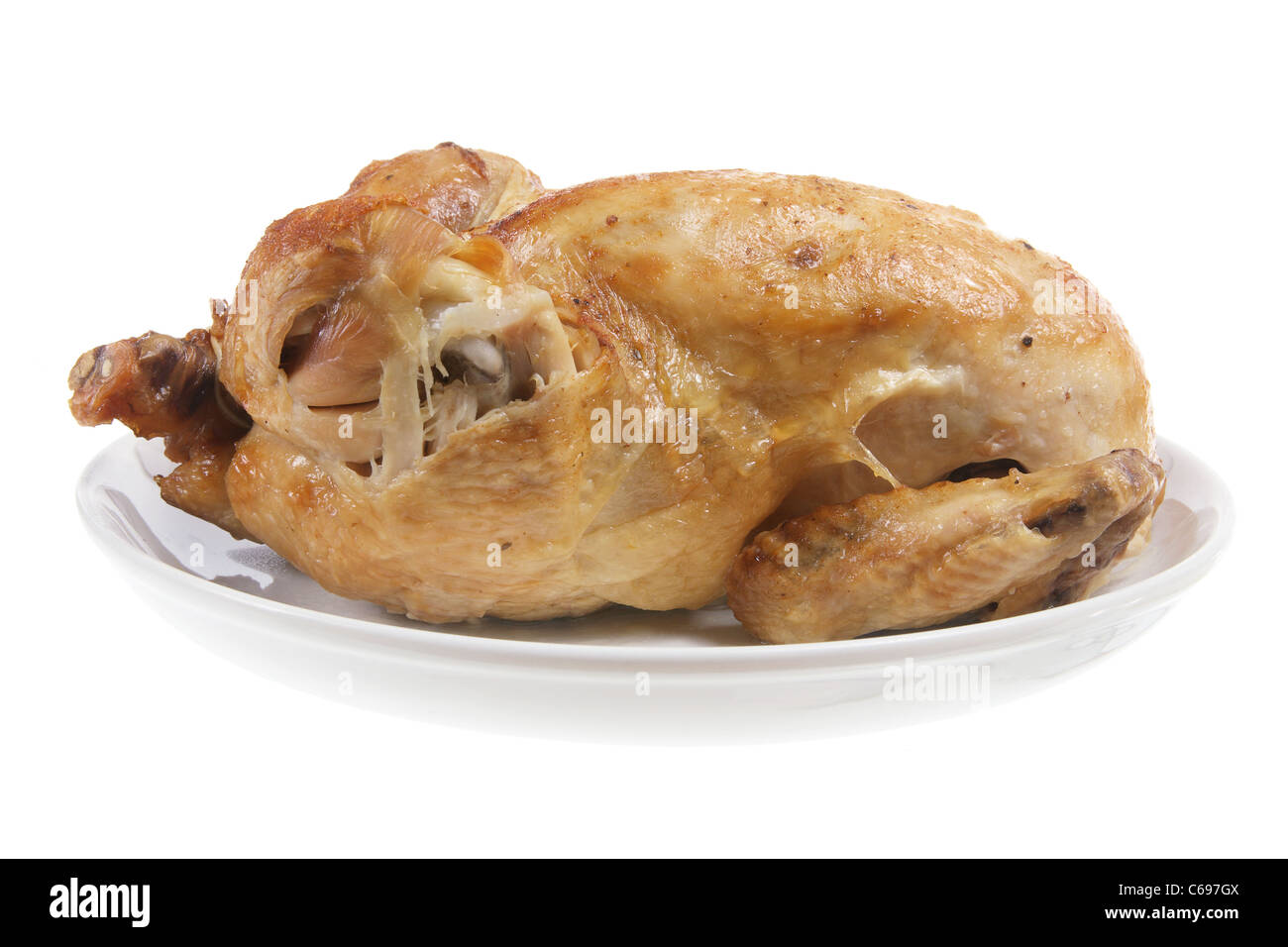 Roast Chicken on Plate Stock Photo