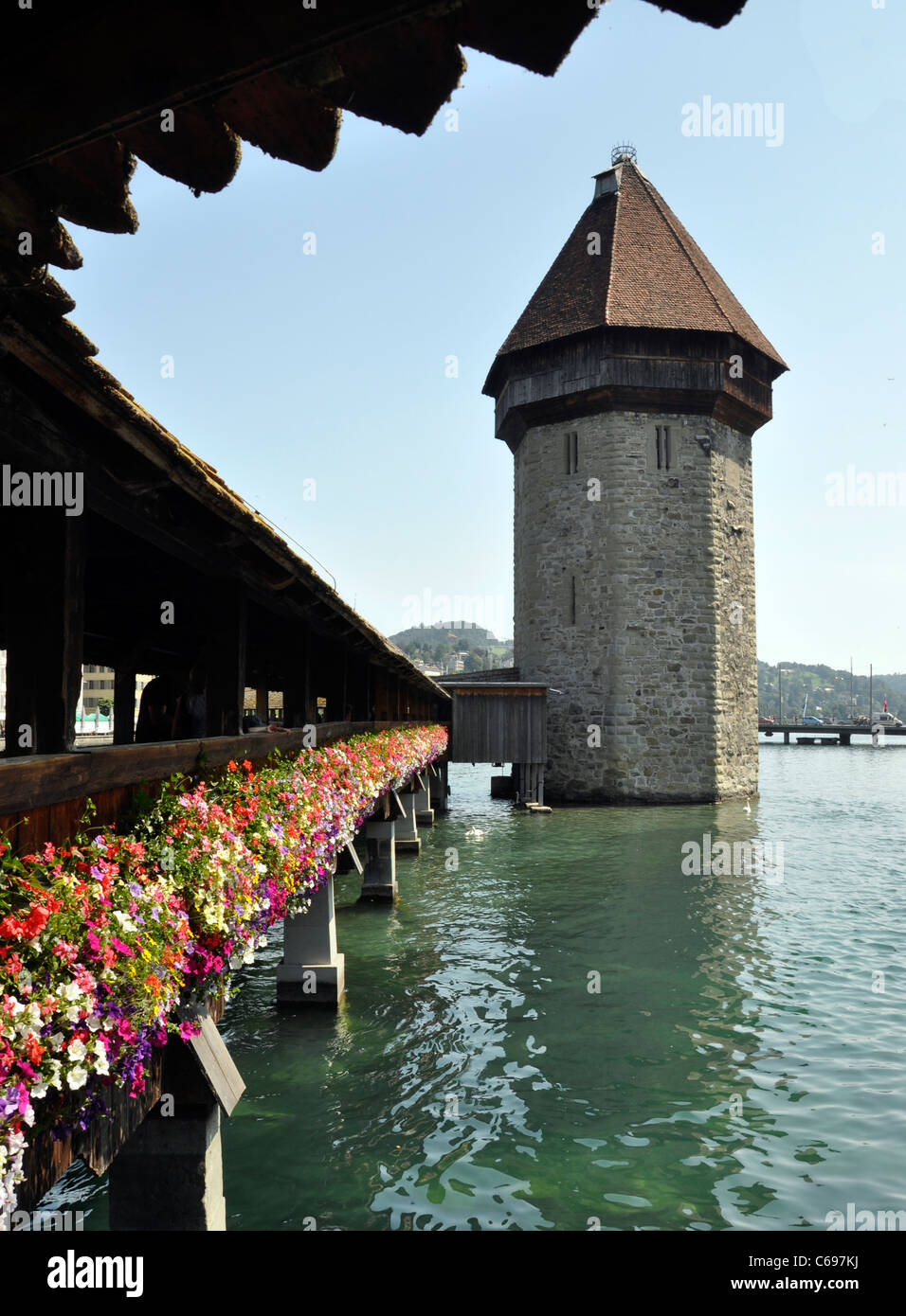 Lucern Switzerland bridge blue lake flowers Stock Photo