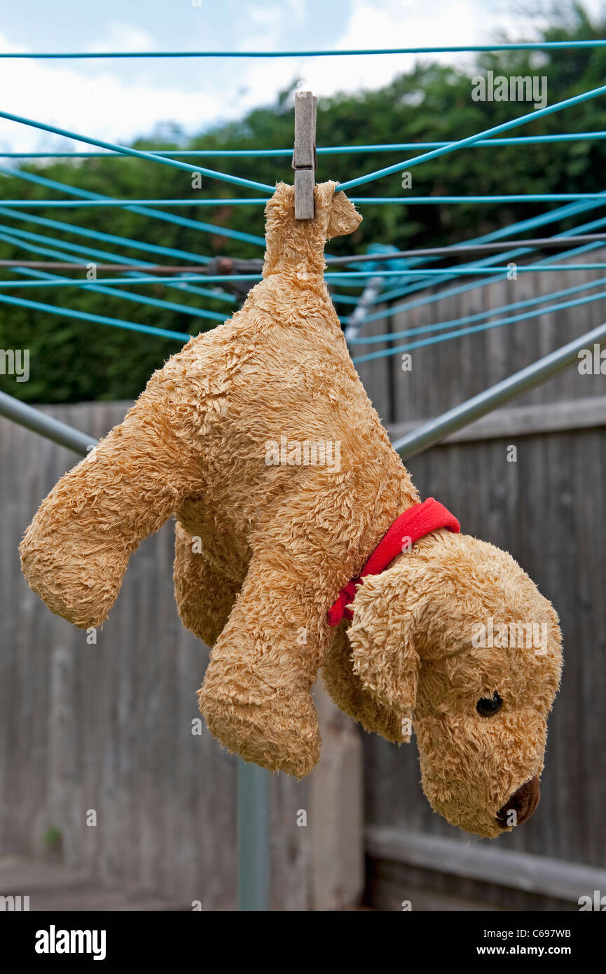 Close-up of a soft toy cuddly dog being washed and hanging on the garden washing line. Stock Photo