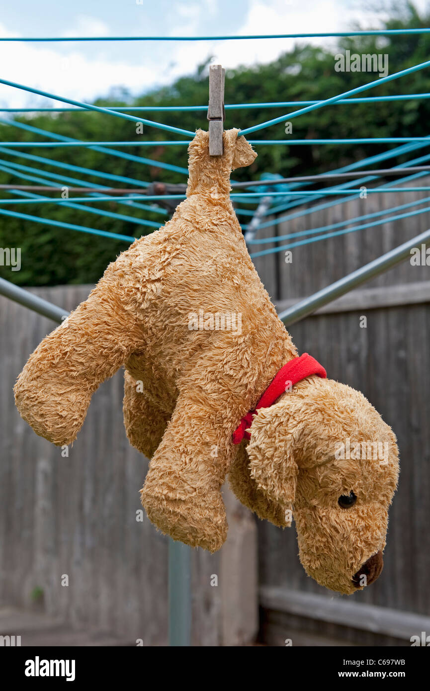 Closeup of a soft toy cuddly dog being washed and hanging on the garden washing line Stock