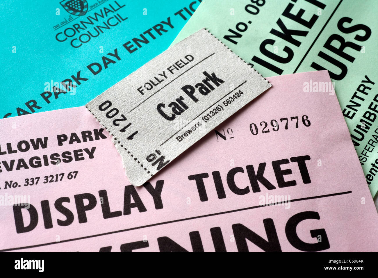 A selection of car park pay and display tickets from tourist destinations in Cornwall, SW UK. Stock Photo