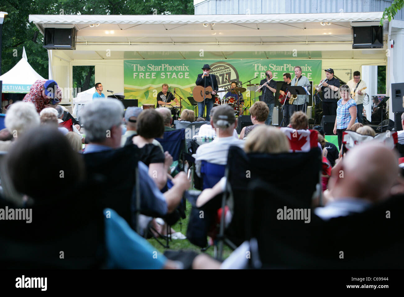 band and singer on stage as part of the Saskatoon Jazz Festival Saskatchewan Canada Stock Photo