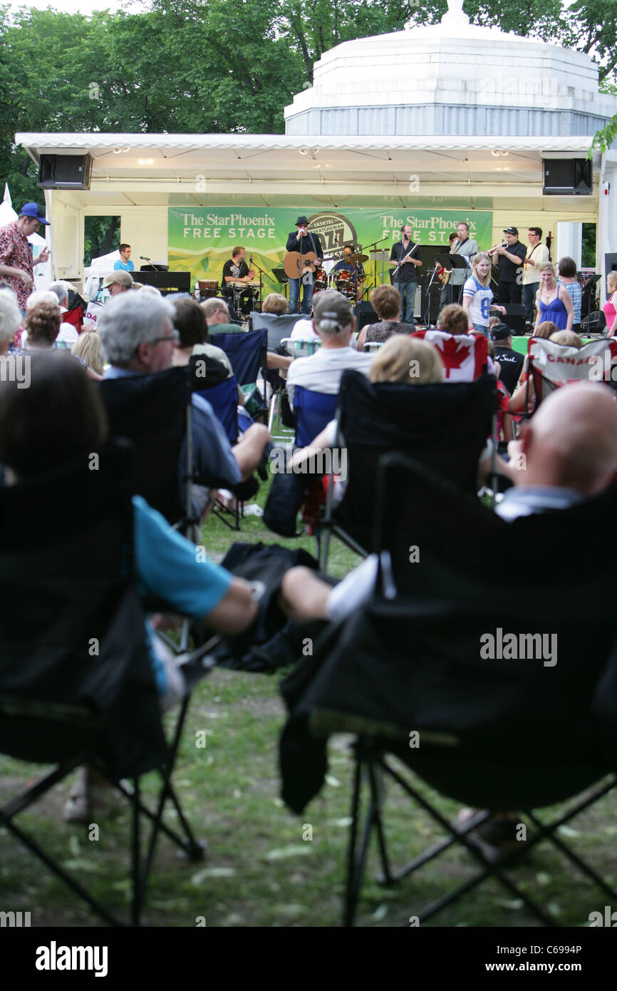 band and singer on stage as part of the Saskatoon Jazz Festival Saskatchewan Canada Stock Photo
