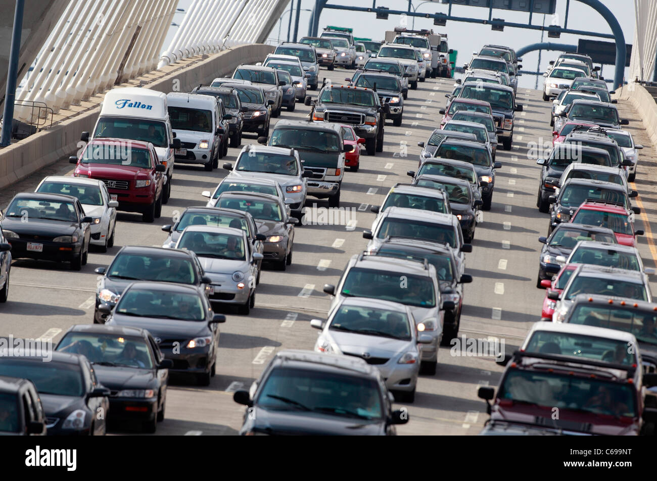 Heavy rush hour traffic on the Zakim bridge into Boston Stock Photo
