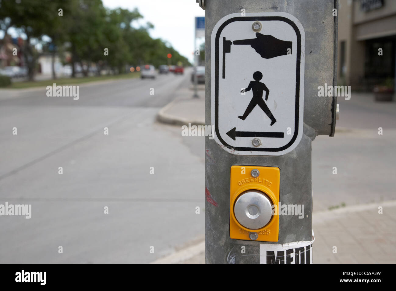 push button at pedestrian crossing crosswalk street road Winnipeg