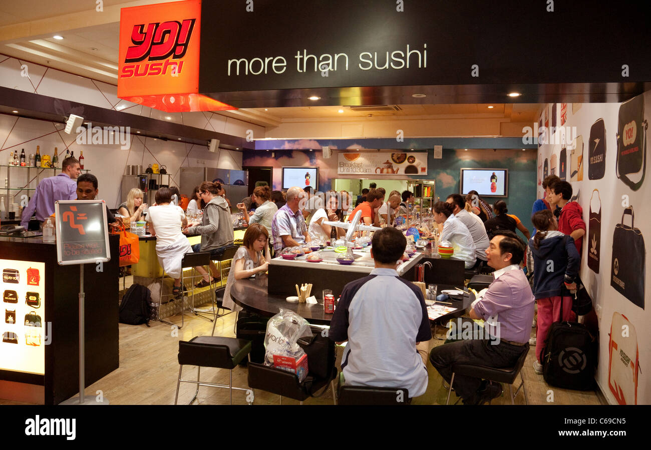 Yo Sushi bar restaurant, terminal 3, Heathrow airport London UK Stock