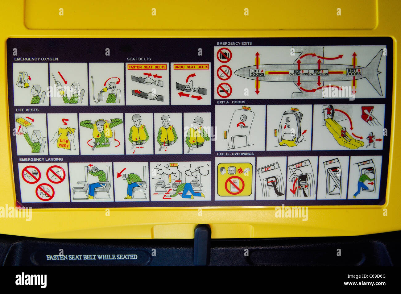 Passengers flight safety informations on back seat of Ryanair's Boeing 737 Stock Photo