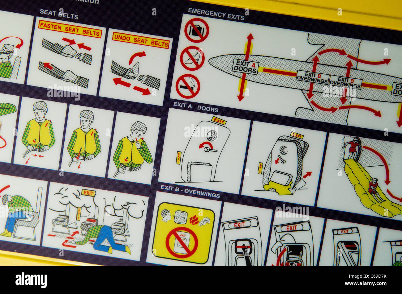 Passengers flight safety informations on back seat of Ryanair's Boeing 737 Stock Photo