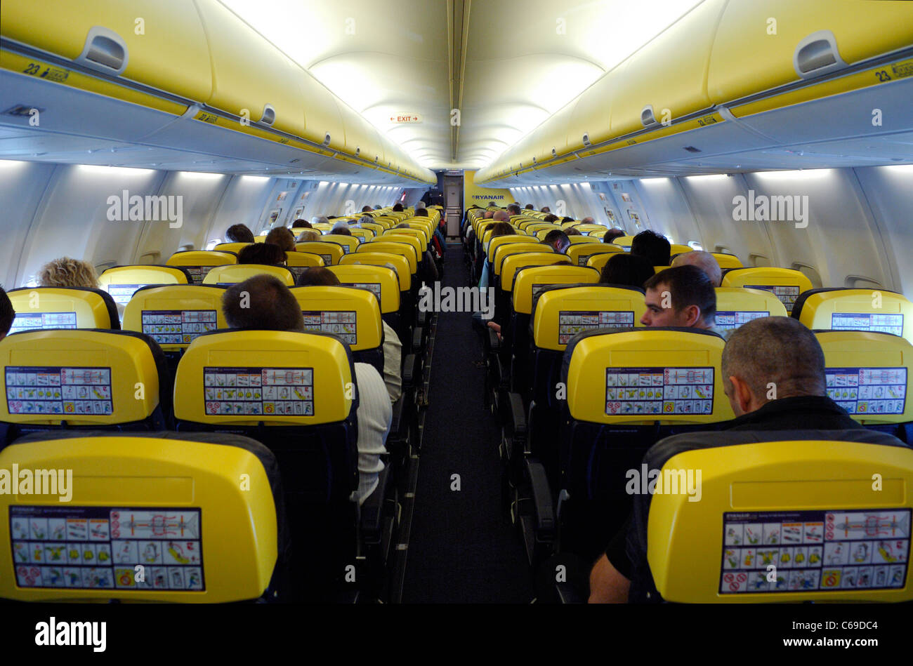 Boeing 737 interior view during flight, Ryanair Irish low cost airline Stock Photo