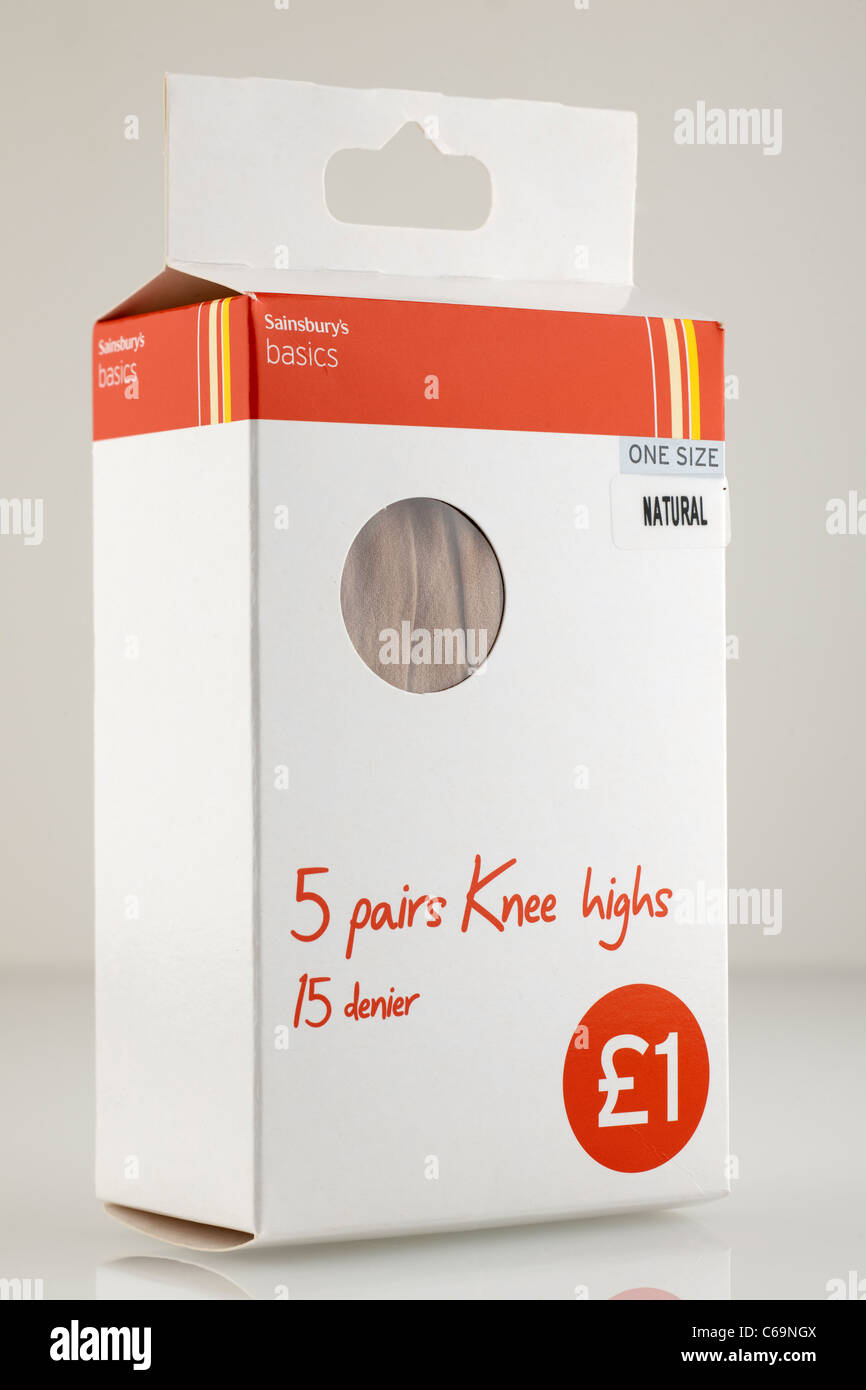 Box of Sainsburys basics one size natural pack of five knee high 15 denier nylon tights Stock Photo Alamy