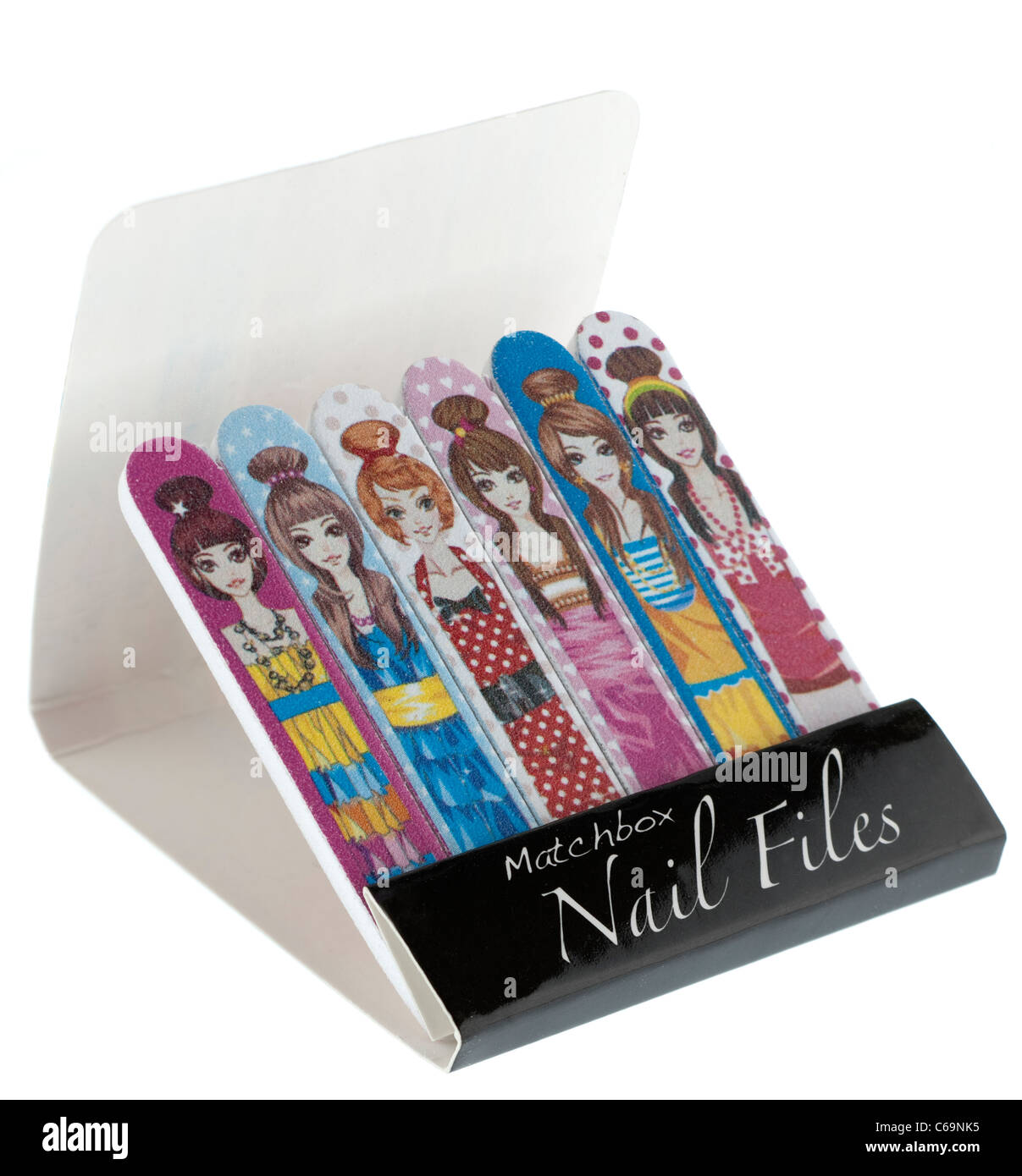 Matchbox type style of small patterned nail files Stock Photo