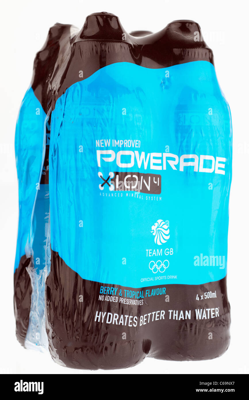Four 500ml pack of Powerade berry and tropical flavour sports drink mineral water Stock Photo