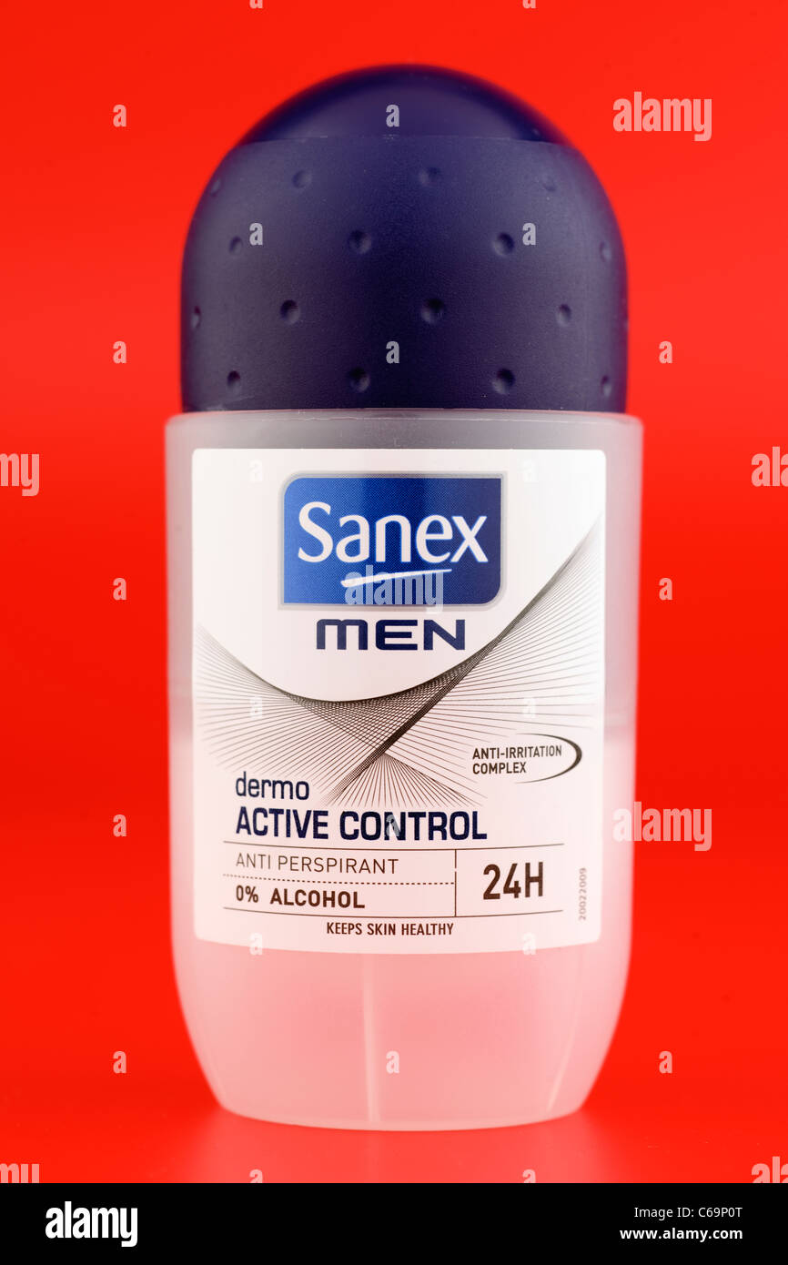 Sanex for men roll on container of 0 percent alcohol anti irritation anti perspirant Stock Photo