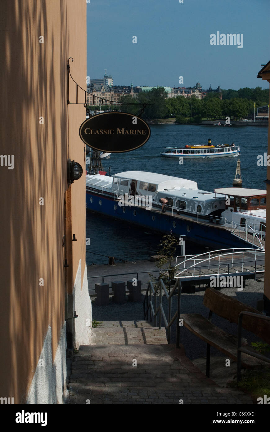 View of boats in the harbour at Skeppsholmen Island Stockholm Stock Photo