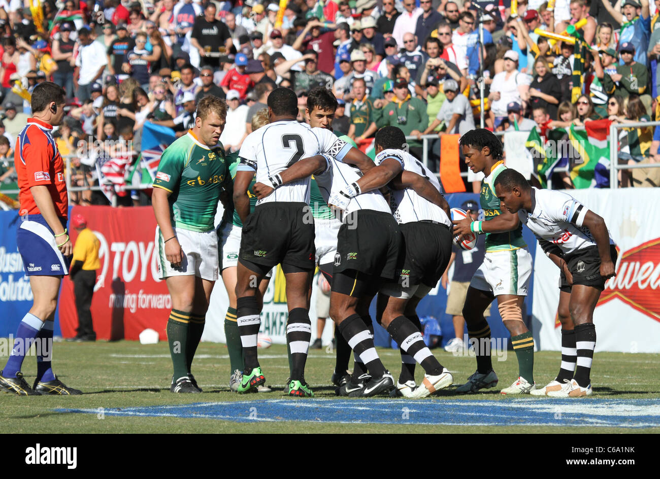 Team South Africa, Team Fiji at a public appearance for The 2011 USA Sevens Rugby Tournament and Fan Festival - Day 2, Sam Boyd Stadium, Las Vegas, NV February 13, 2011. Photo By: James Atoa/Everett Collection Stock Photo