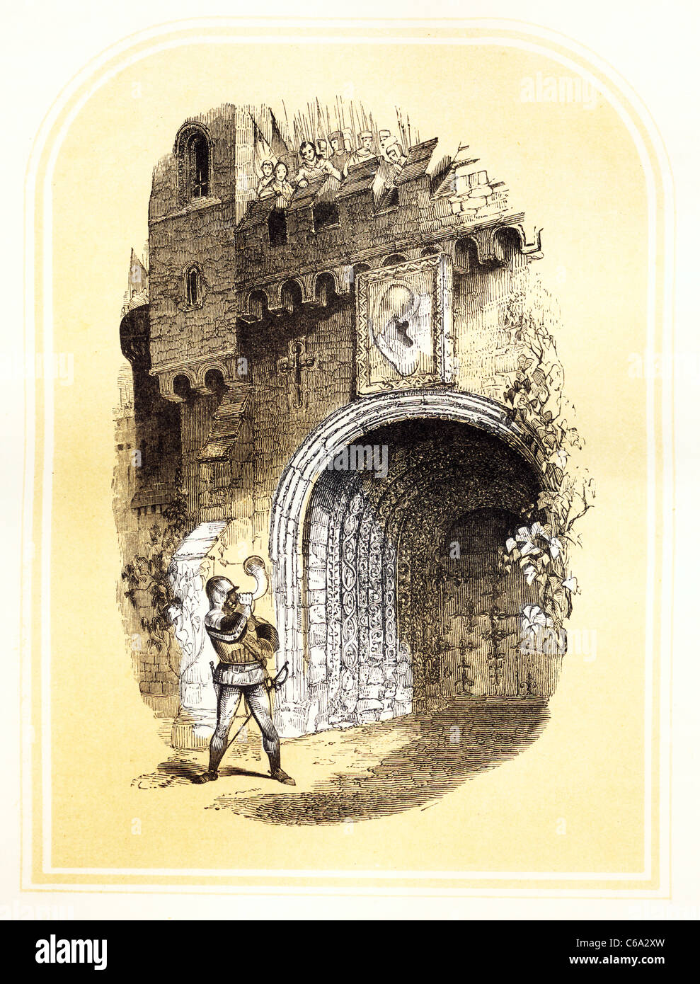 Diabolus blowing his trumpet at the Ear Gate from John Bunyan's "Holy