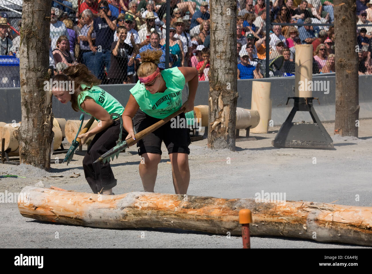 Lumberjill logrolling contest, Woodsmen's Field Days, Boonville, Adirondacks, New York State Stock Photo