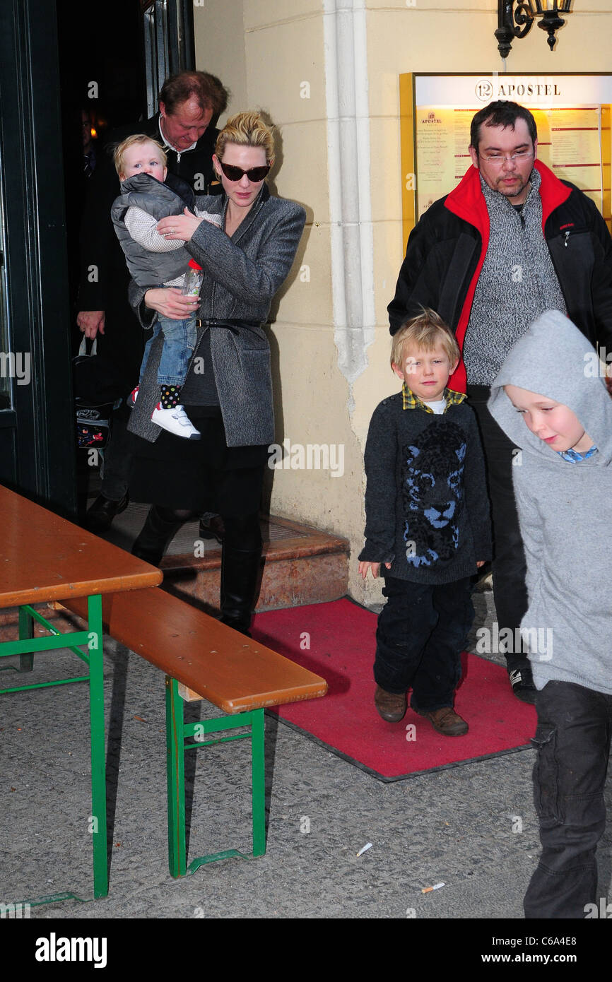 Cate Blanchett, husband Andrew Upton and their kids leaving 12 Apostel italian restaurant at Savignyplatz. Berlin, Germany - Stock Photo