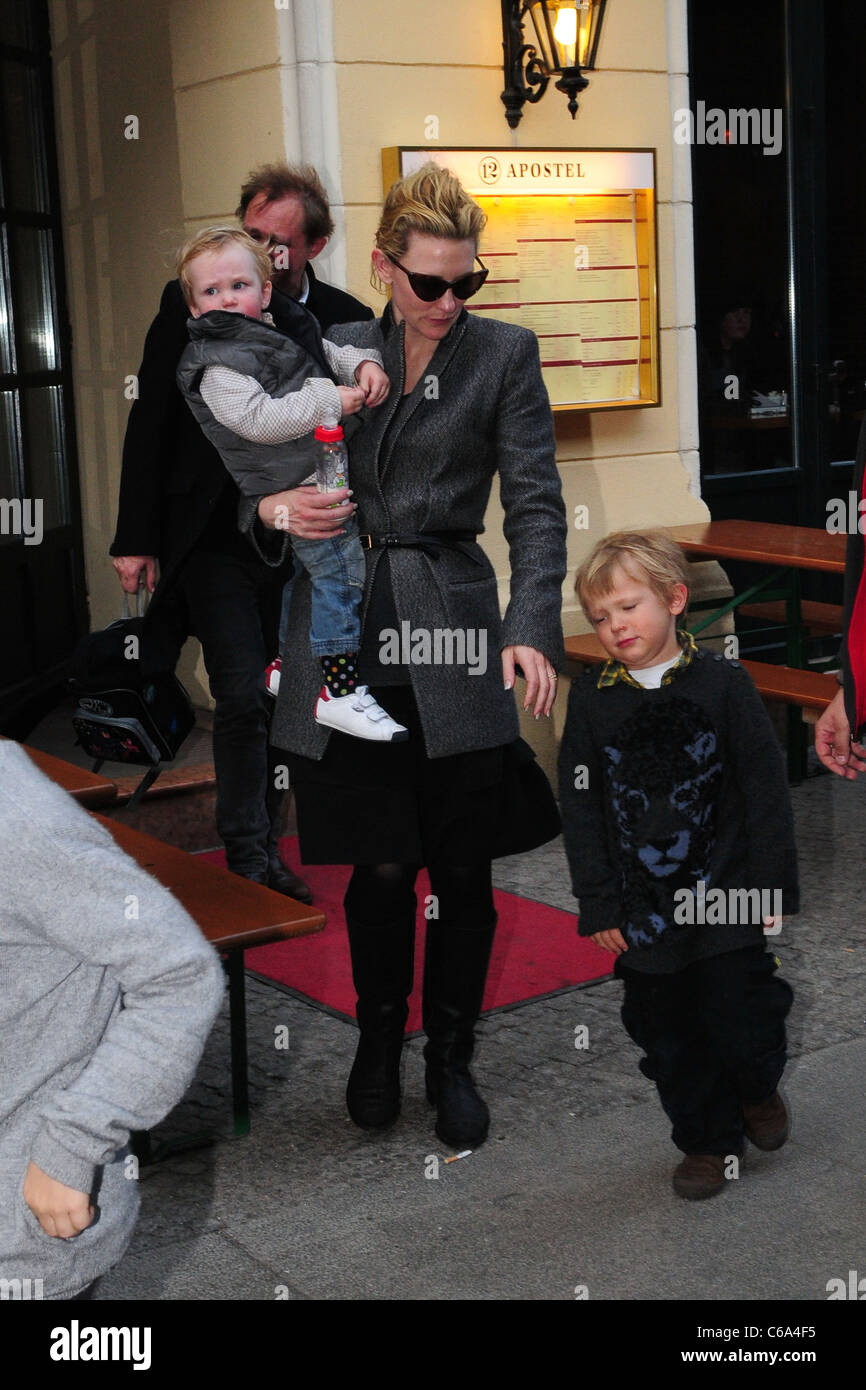 Cate Blanchett, husband Andrew Upton and their kids leaving 12 Apostel italian restaurant at Savignyplatz. Berlin, Germany - Stock Photo