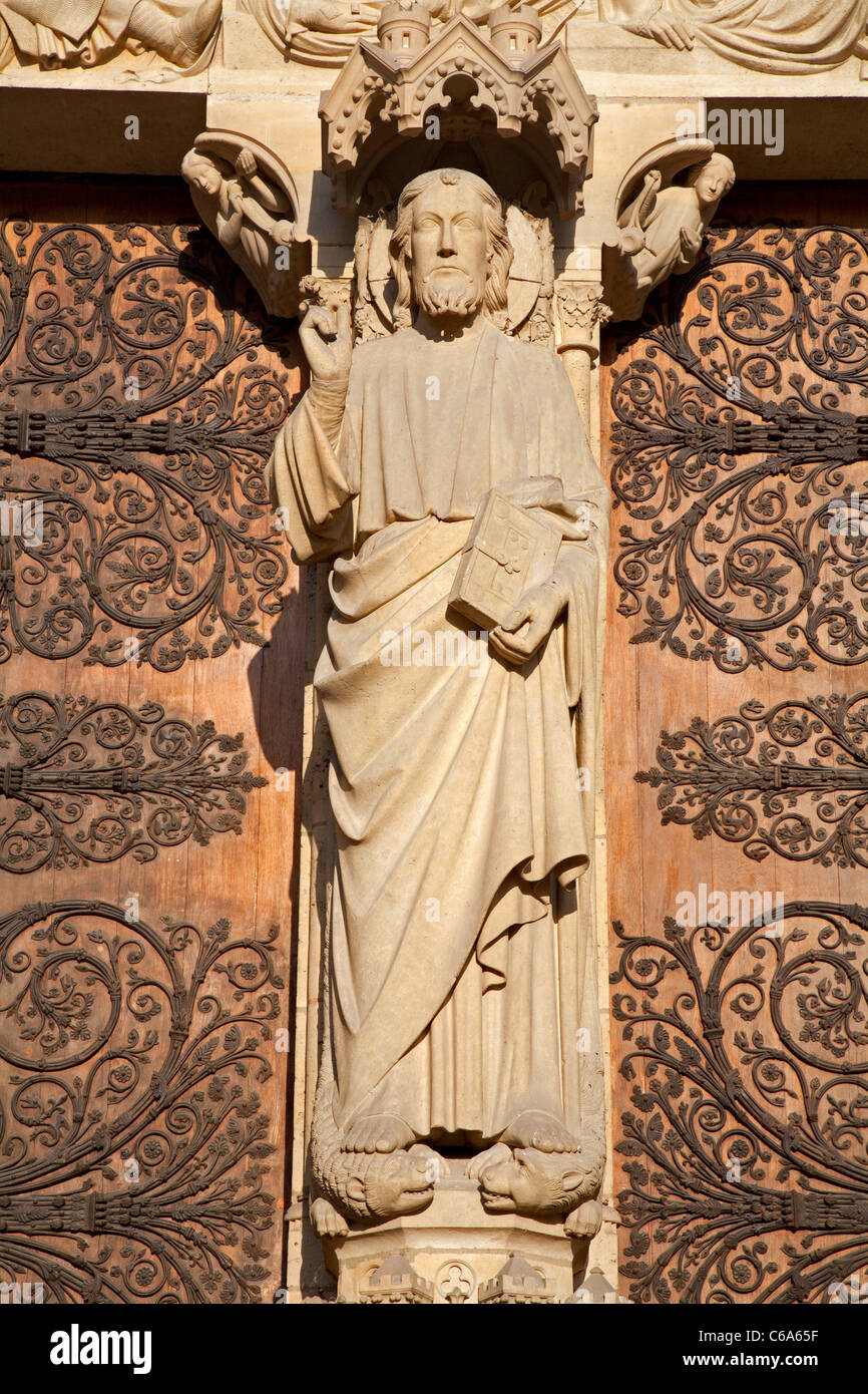 Paris - Jesus Christ from main portal of Notre-Dame cathedral Stock Photo